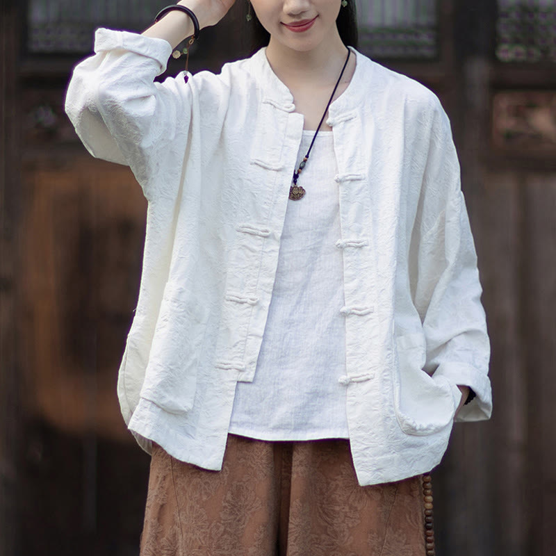 Buddha Stones Fall Jacquard Camicia a maniche lunghe con bottoni a rana da donna, pantaloni, abbigliamento in cotone e lino - Camicia bianca - US4, UK/AU8, EU36-38 (F) - image 13