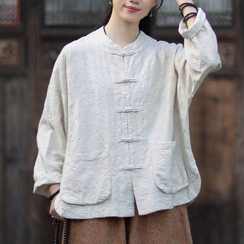 Buddha Stones Fall Jacquard Camicia a maniche lunghe con bottoni a rana da donna, pantaloni, abbigliamento in cotone e lino - Camicia beige - US4, UK/AU8, EU36-38 (F) - image 22