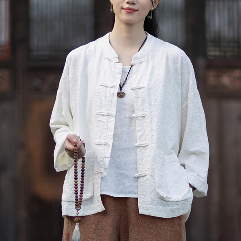 Buddha Stones Fall Jacquard Camicia a maniche lunghe con bottoni a rana da donna, pantaloni, abbigliamento in cotone e lino - image 14