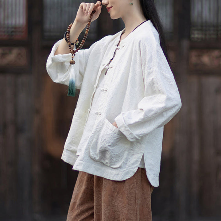 Buddha Stones Fall Jacquard Camicia a maniche lunghe con bottoni a rana da donna, pantaloni, abbigliamento in cotone e lino - image 17