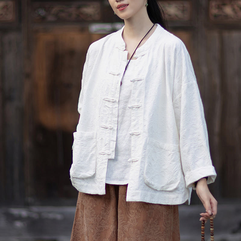 Buddha Stones Fall Jacquard Camicia a maniche lunghe con bottoni a rana da donna, pantaloni, abbigliamento in cotone e lino - image 18