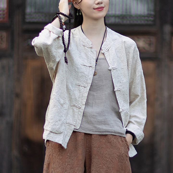 Buddha Stones Fall Jacquard Camicia a maniche lunghe con bottoni a rana da donna, pantaloni, abbigliamento in cotone e lino - image 24