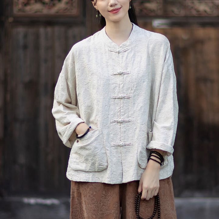 Buddha Stones Fall Jacquard Camicia a maniche lunghe con bottoni a rana da donna, pantaloni, abbigliamento in cotone e lino - image 23