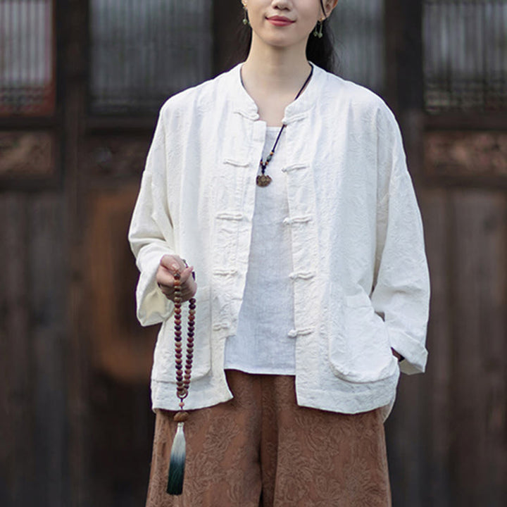 Buddha Stones Fall Jacquard Camicia a maniche lunghe con bottoni a rana da donna, pantaloni, abbigliamento in cotone e lino - image 20