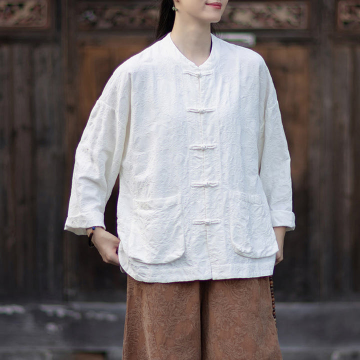 Buddha Stones Fall Jacquard Camicia a maniche lunghe con bottoni a rana da donna, pantaloni, abbigliamento in cotone e lino - image 15