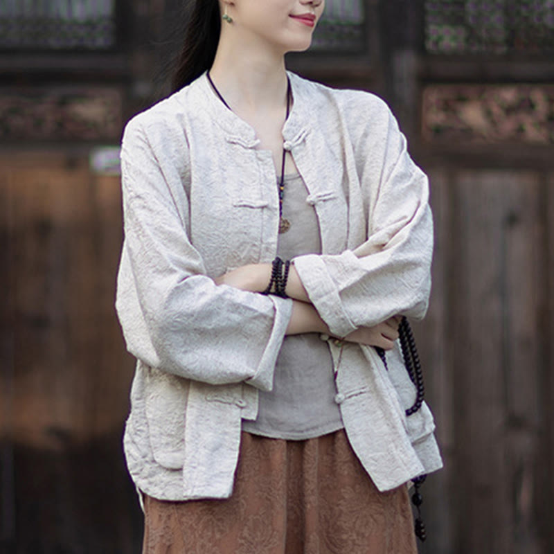 Buddha Stones Fall Jacquard Camicia a maniche lunghe con bottoni a rana da donna, pantaloni, abbigliamento in cotone e lino - image 26