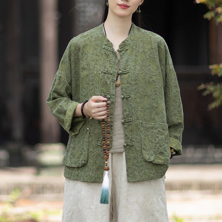 Buddha Stones Fall Jacquard Camicia a maniche lunghe con bottoni a rana da donna, pantaloni, abbigliamento in cotone e lino - image 2