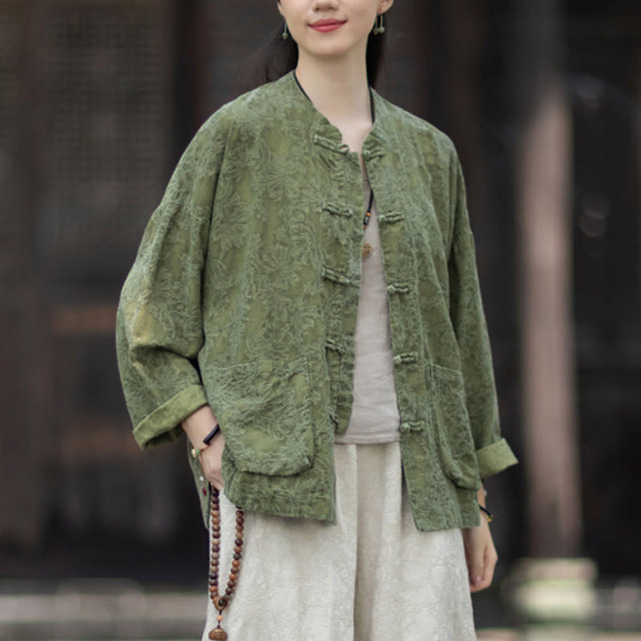 Buddha Stones Fall Jacquard Camicia a maniche lunghe con bottoni a rana da donna, pantaloni, abbigliamento in cotone e lino - image 7