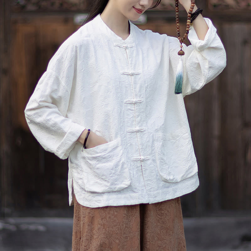 Buddha Stones Fall Jacquard Camicia a maniche lunghe con bottoni a rana da donna, pantaloni, abbigliamento in cotone e lino - image 19