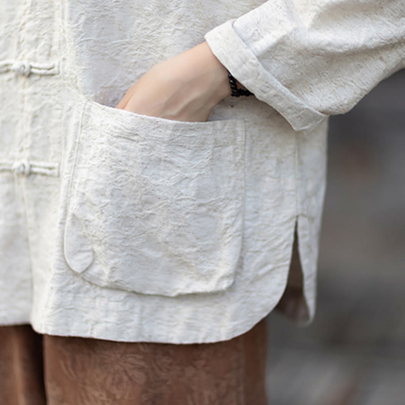 Buddha Stones Fall Jacquard Camicia a maniche lunghe con bottoni a rana da donna, pantaloni, abbigliamento in cotone e lino - image 28