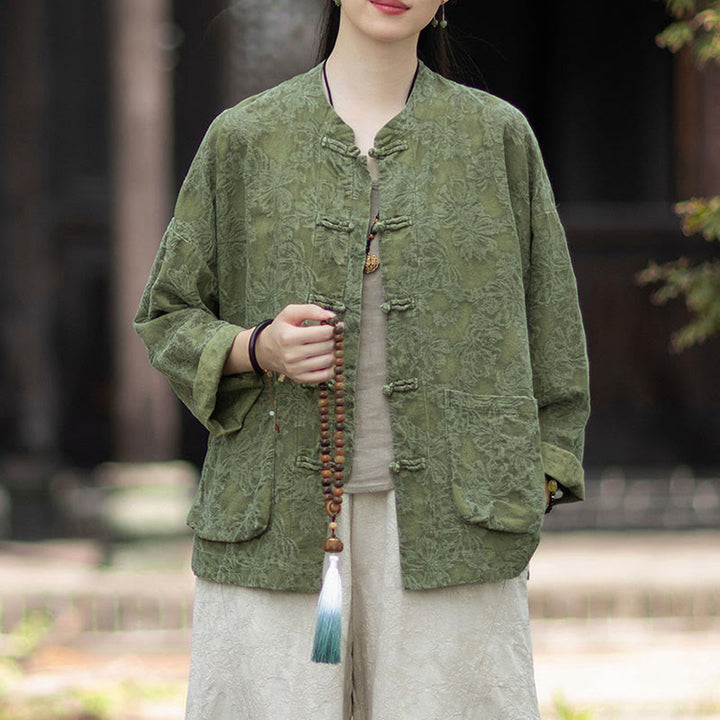 Buddha Stones Fall Jacquard Camicia a maniche lunghe con bottoni a rana da donna, pantaloni, abbigliamento in cotone e lino - image 5