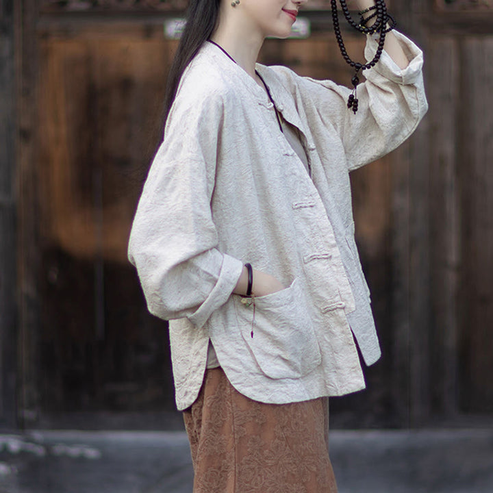 Buddha Stones Fall Jacquard Camicia a maniche lunghe con bottoni a rana da donna, pantaloni, abbigliamento in cotone e lino - image 25