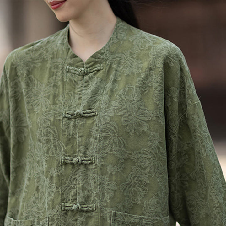 Buddha Stones Fall Jacquard Camicia a maniche lunghe con bottoni a rana da donna, pantaloni, abbigliamento in cotone e lino - image 11