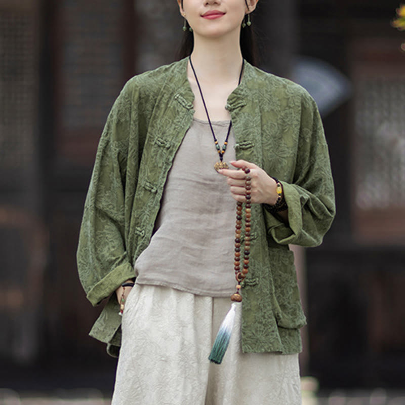 Buddha Stones Fall Jacquard Camicia a maniche lunghe con bottoni a rana da donna, pantaloni, abbigliamento in cotone e lino - image 8