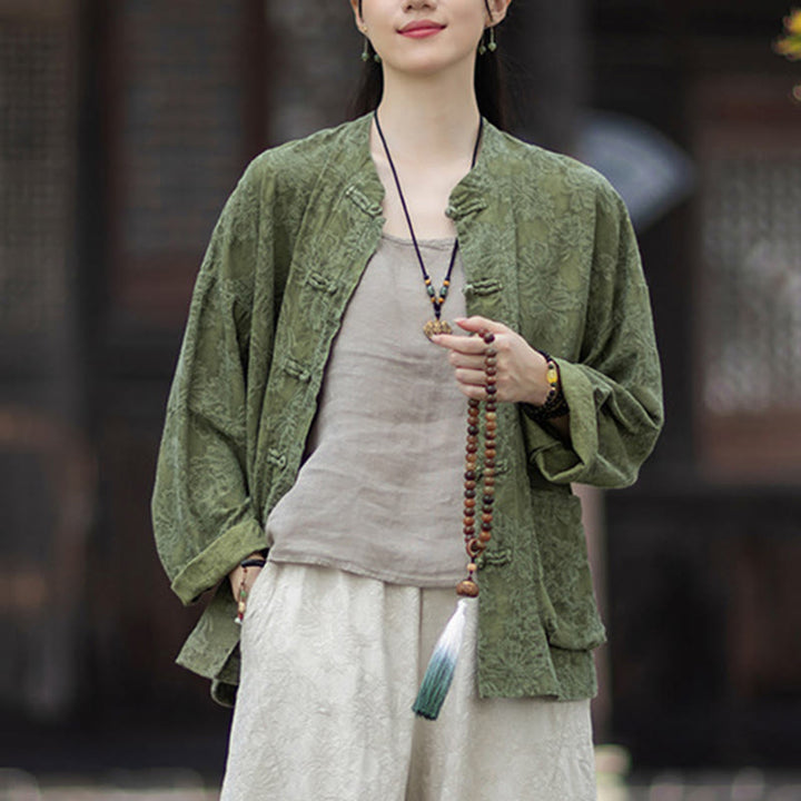 Buddha Stones Fall Jacquard Camicia a maniche lunghe con bottoni a rana da donna, pantaloni, abbigliamento in cotone e lino - image 8