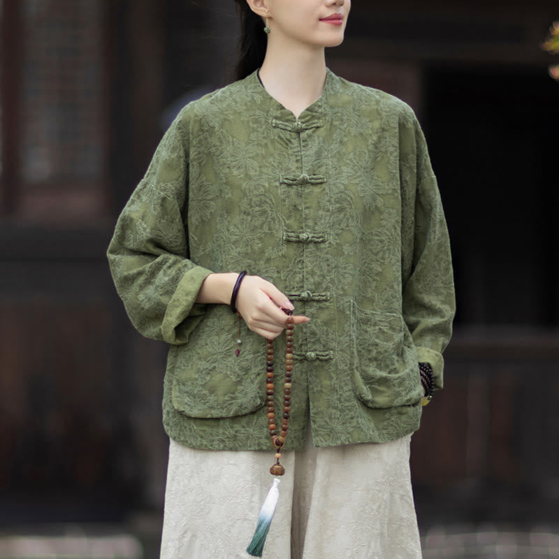 Buddha Stones Fall Jacquard Camicia a maniche lunghe con bottoni a rana da donna, pantaloni, abbigliamento in cotone e lino - Camicia verde - US4, UK/AU8, EU36-38 (F) - image 0