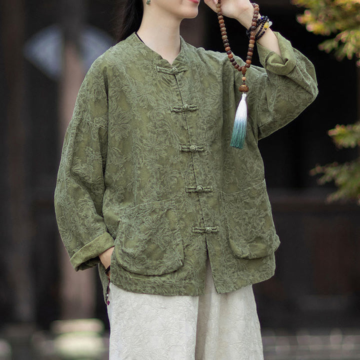 Buddha Stones Fall Jacquard Camicia a maniche lunghe con bottoni a rana da donna, pantaloni, abbigliamento in cotone e lino - image 3