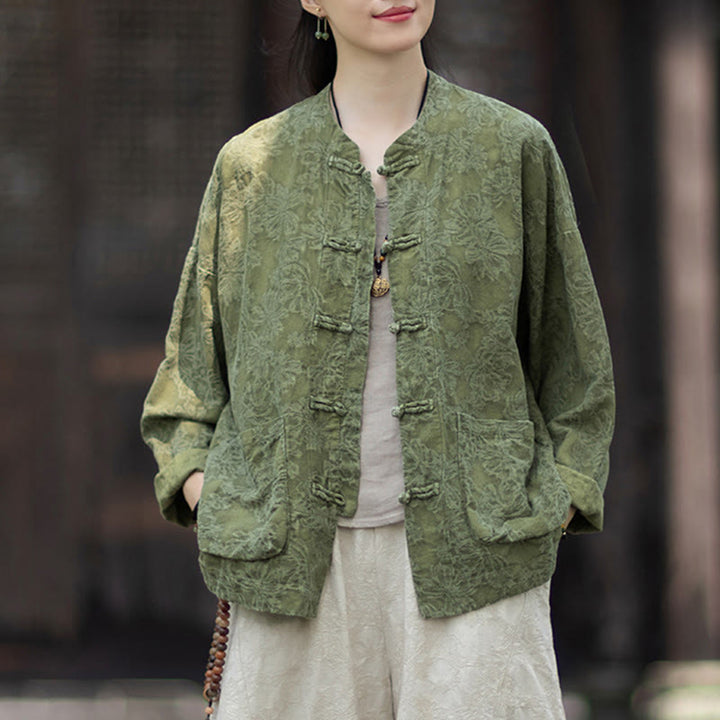 Buddha Stones Fall Jacquard Camicia a maniche lunghe con bottoni a rana da donna, pantaloni, abbigliamento in cotone e lino - image 6