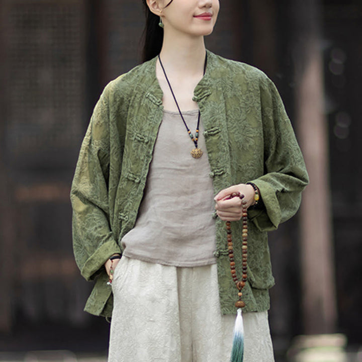 Buddha Stones Fall Jacquard Camicia a maniche lunghe con bottoni a rana da donna, pantaloni, abbigliamento in cotone e lino - image 10