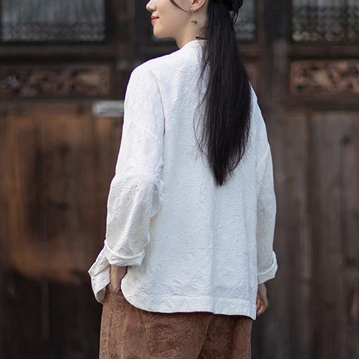 Buddha Stones Fall Jacquard Camicia a maniche lunghe con bottoni a rana da donna, pantaloni, abbigliamento in cotone e lino - image 16