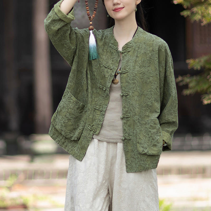 Buddha Stones Fall Jacquard Camicia a maniche lunghe con bottoni a rana da donna, pantaloni, abbigliamento in cotone e lino - image 4