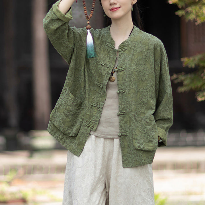 Buddha Stones Fall Jacquard Camicia a maniche lunghe con bottoni a rana da donna, pantaloni, abbigliamento in cotone e lino - image 4