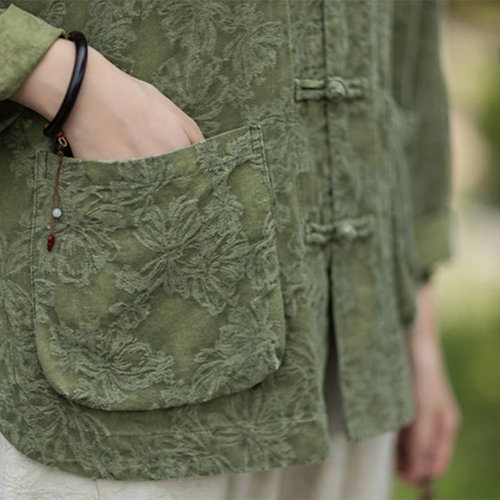 Buddha Stones Fall Jacquard Camicia a maniche lunghe con bottoni a rana da donna, pantaloni, abbigliamento in cotone e lino - image 12