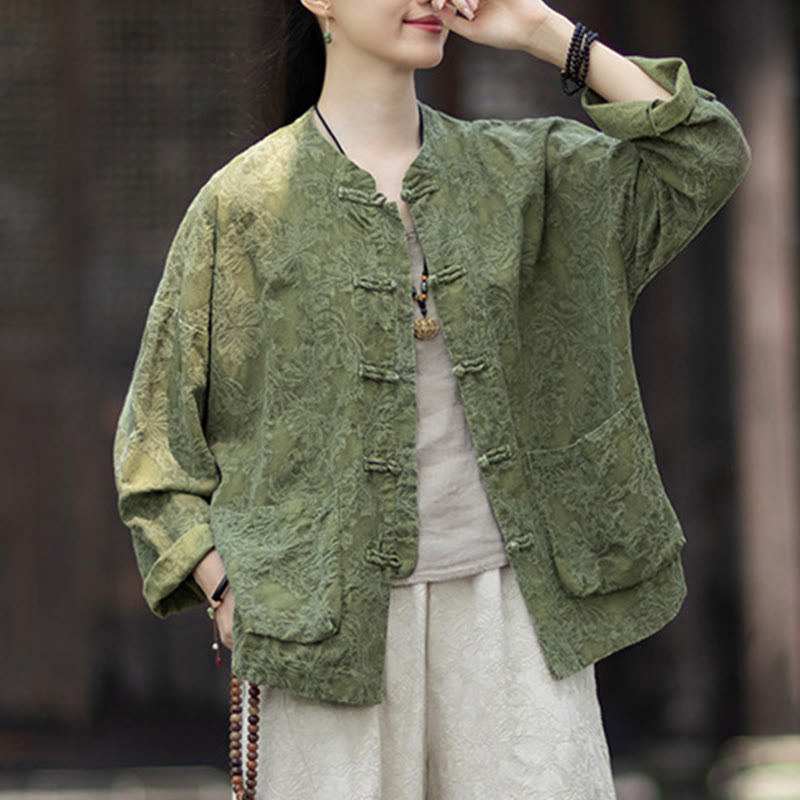 Buddha Stones Fall Jacquard Camicia a maniche lunghe con bottoni a rana da donna, pantaloni, abbigliamento in cotone e lino - image 9