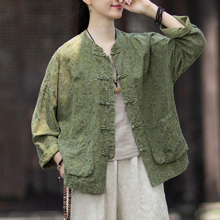 Buddha Stones Fall Jacquard Camicia a maniche lunghe con bottoni a rana da donna, pantaloni, abbigliamento in cotone e lino - image 9