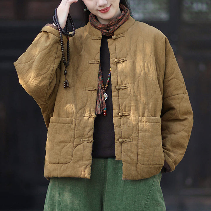 Giacca termica da donna in cotone ramiè con bottoni a rana, maniche lunghe, linee curve invernali , Buddha Stones, con tasche - Verga d'oro - US4， UK/AU8，EU36-44 (F) - image 29