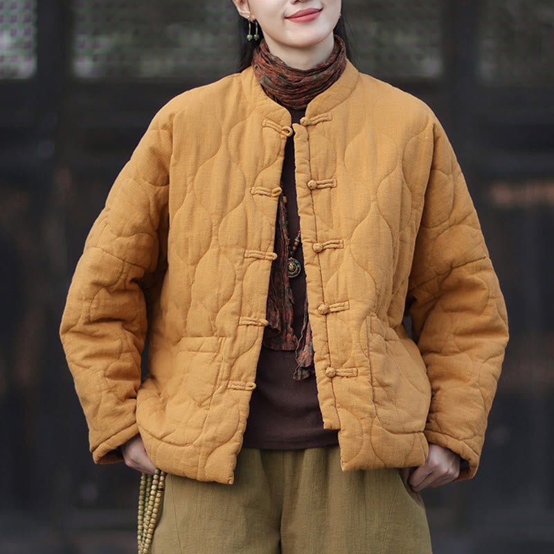 Giacca termica da donna in cotone ramiè con bottoni a rana, maniche lunghe, linee curve invernali , Buddha Stones, con tasche - image 1