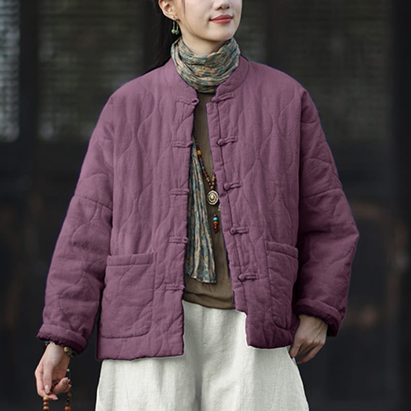 Giacca termica da donna in cotone ramiè con bottoni a rana, maniche lunghe, linee curve invernali , Buddha Stones, con tasche - image 41