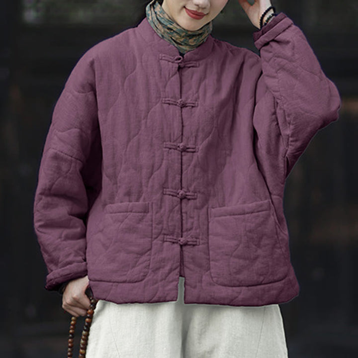 Giacca termica da donna in cotone ramiè con bottoni a rana, maniche lunghe, linee curve invernali , Buddha Stones, con tasche - image 40