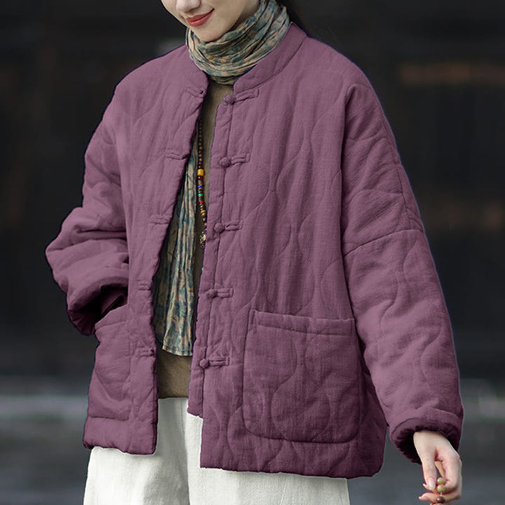 Giacca termica da donna in cotone ramiè con bottoni a rana, maniche lunghe, linee curve invernali , Buddha Stones, con tasche - image 39