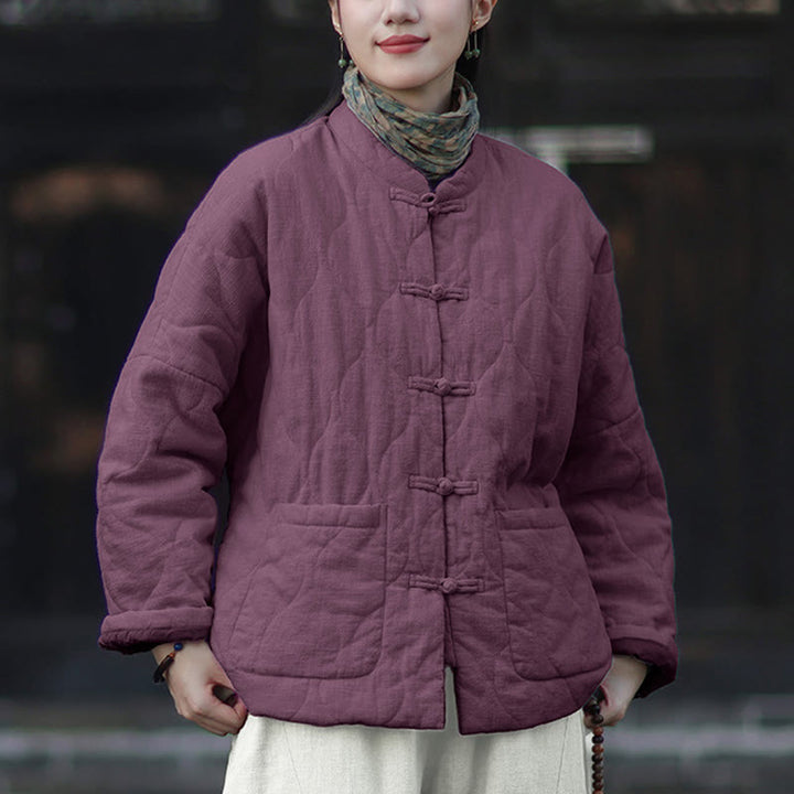 Giacca termica da donna in cotone ramiè con bottoni a rana, maniche lunghe, linee curve invernali , Buddha Stones, con tasche - image 42