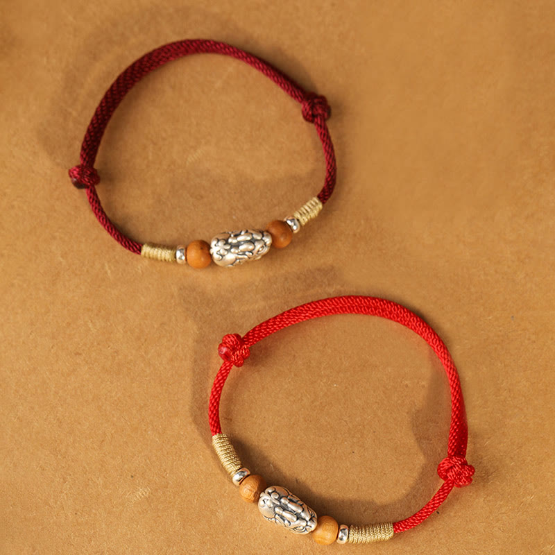 Braccialetto portafortuna intrecciato a mano con perline in legno di pesca, in argento sterling 999, con ciondolo Pixiu Buddha Stones - image 23
