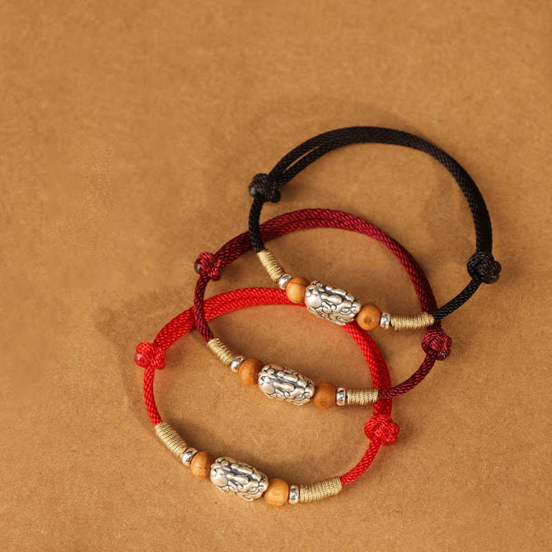 Braccialetto portafortuna intrecciato a mano con perline in legno di pesca, in argento sterling 999, con ciondolo Pixiu Buddha Stones - image 22
