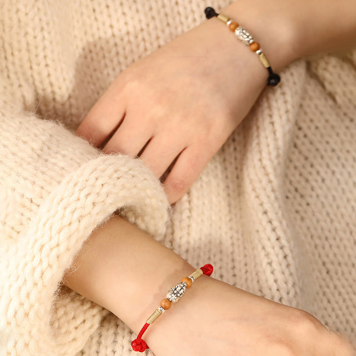 Braccialetto portafortuna intrecciato a mano con perline in legno di pesca, in argento sterling 999, con ciondolo Pixiu Buddha Stones - image 19