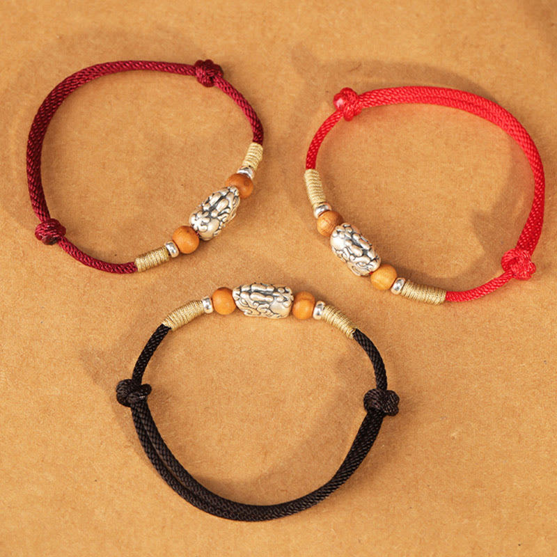 Braccialetto portafortuna intrecciato a mano con perline in legno di pesca, in argento sterling 999, con ciondolo Pixiu Buddha Stones - image 24