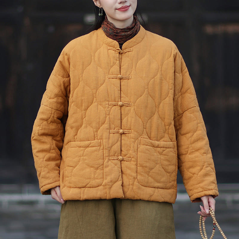 Giacca termica da donna in cotone ramiè con bottoni a rana, maniche lunghe, linee curve invernali , Buddha Stones, con tasche - image 4