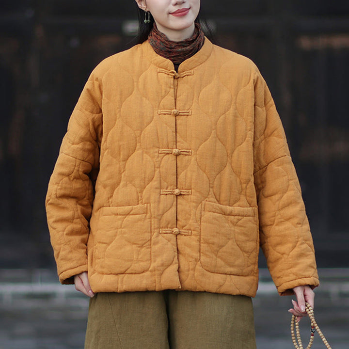 Giacca termica da donna in cotone ramiè con bottoni a rana, maniche lunghe, linee curve invernali , Buddha Stones, con tasche - image 4