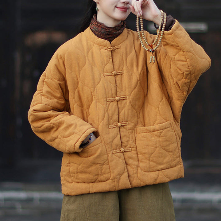 Giacca termica da donna in cotone ramiè con bottoni a rana, maniche lunghe, linee curve invernali , Buddha Stones, con tasche - image 5