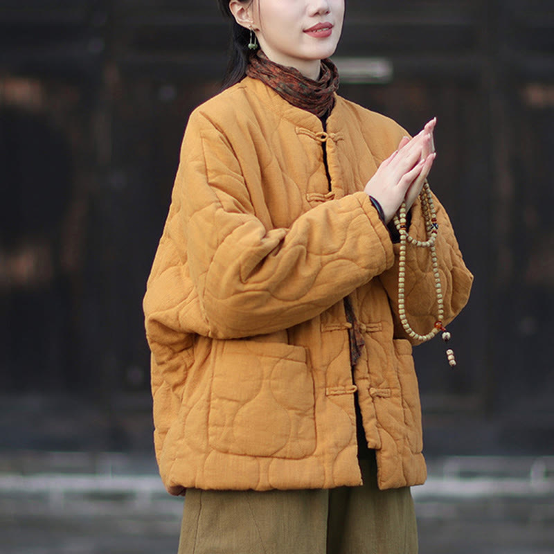 Giacca termica da donna in cotone ramiè con bottoni a rana, maniche lunghe, linee curve invernali , Buddha Stones, con tasche - image 6