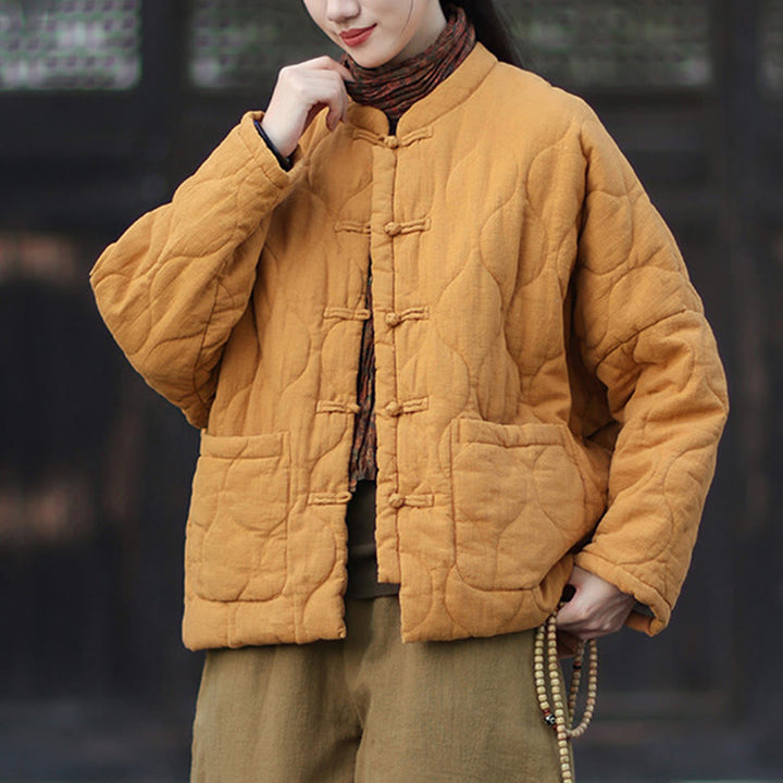 Giacca termica da donna in cotone ramiè con bottoni a rana, maniche lunghe, linee curve invernali , Buddha Stones, con tasche - image 3