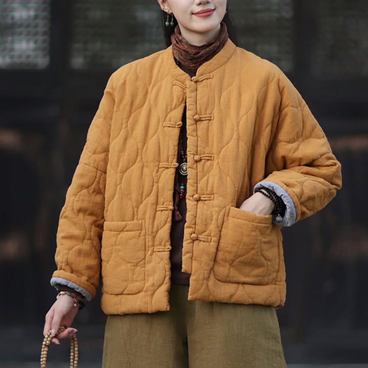 Giacca termica da donna in cotone ramiè con bottoni a rana, maniche lunghe, linee curve invernali , Buddha Stones, con tasche - image 2