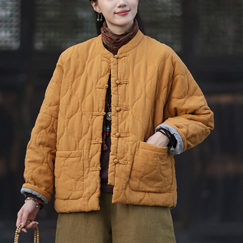 Giacca termica da donna in cotone ramiè con bottoni a rana, maniche lunghe, linee curve invernali , Buddha Stones, con tasche - image 8