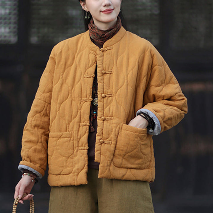 Giacca termica da donna in cotone ramiè con bottoni a rana, maniche lunghe, linee curve invernali , Buddha Stones, con tasche - image 8