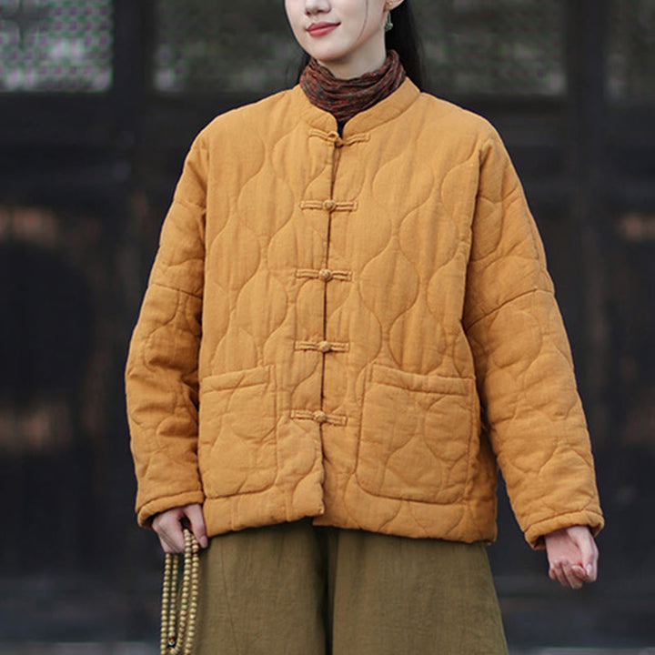 Giacca termica da donna in cotone ramiè con bottoni a rana, maniche lunghe, linee curve invernali , Buddha Stones, con tasche - image 7