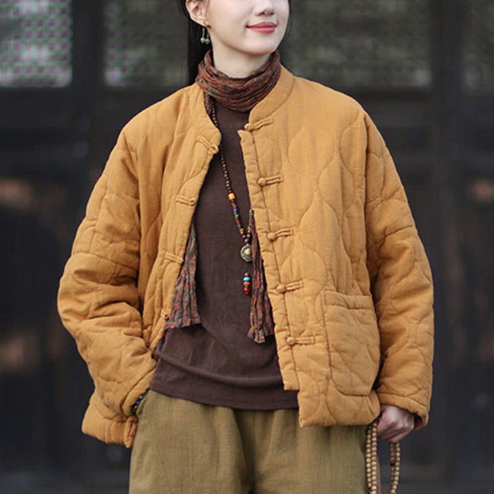 Giacca termica da donna in cotone ramiè con bottoni a rana, maniche lunghe, linee curve invernali , Buddha Stones, con tasche - image 9