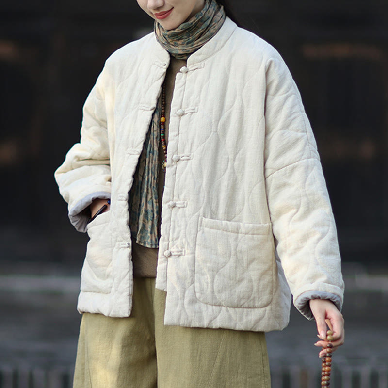 Giacca termica da donna in cotone ramiè con bottoni a rana, maniche lunghe, linee curve invernali , Buddha Stones, con tasche - image 16